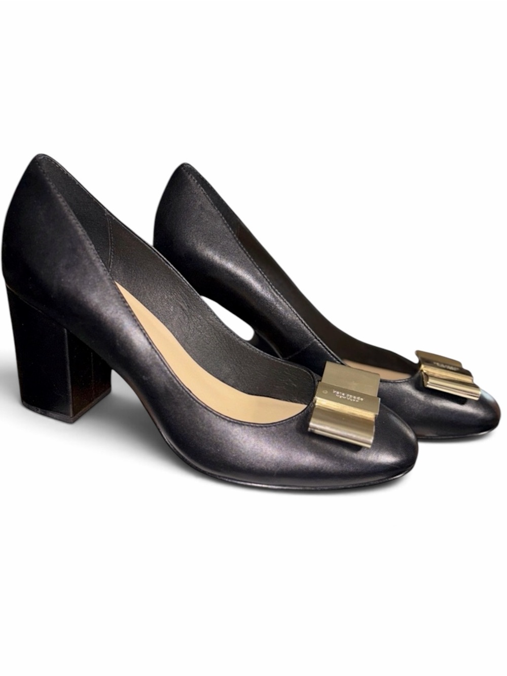 Kate Spade New York Dijon Gold Bow Black Leather Block Heel Pump